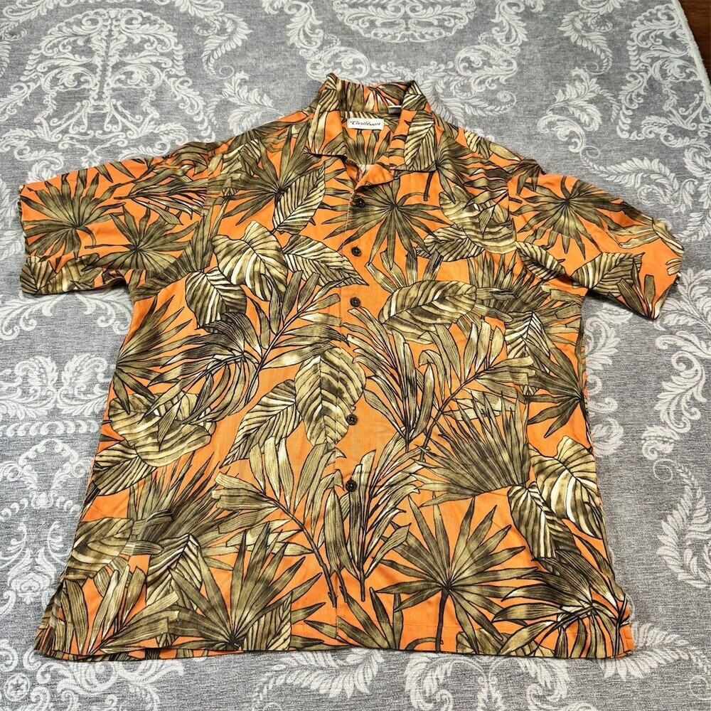 Caribbean Men's Hawaiian Aloha Camp Collar Button-Up Shirt Size L Orange